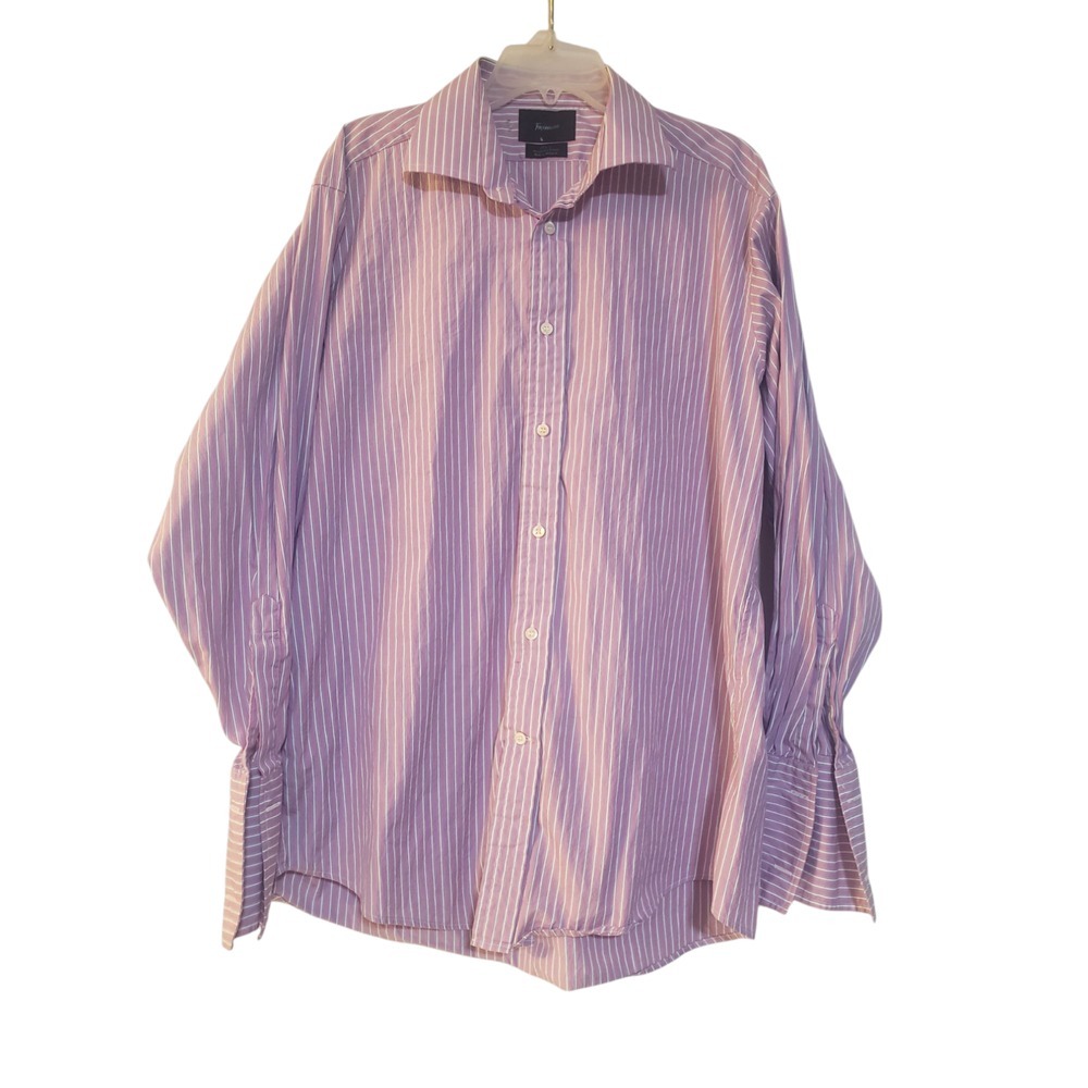 Faconnable Mens Dress Shirt L Purple White Striped French‎ Cuff Button Up Top